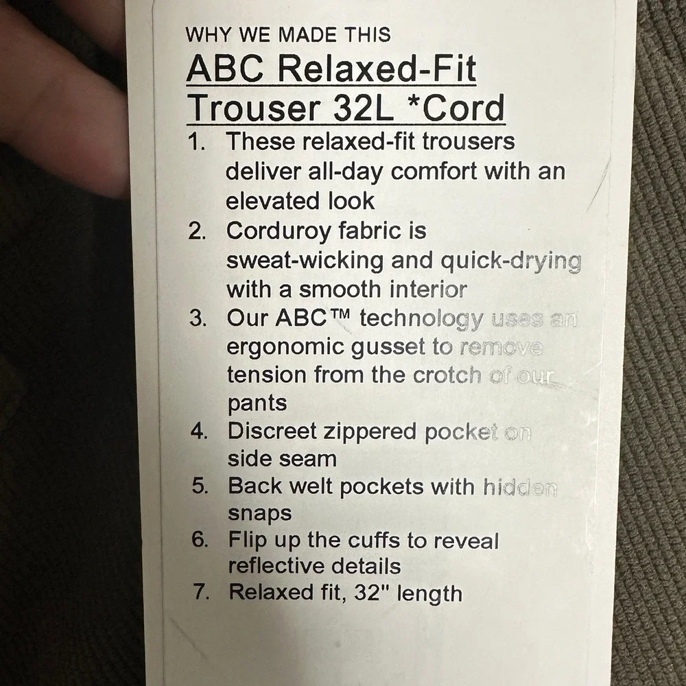 NEW Lululemon ABC Pants Mens 40X32 Olive Brown Relaxed Fit Trouser Cord Corduroy
